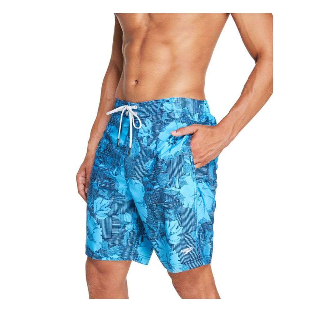 SPEEDO Mens Blue Drawstring Lined Printed Classic Fit Swim Trunks L